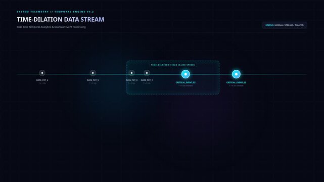 Futuristic digital dashboard with time dilation data stream high resolution payload telemetry, for advanced system monitoring, network diagnostics, data analysis, technical progress