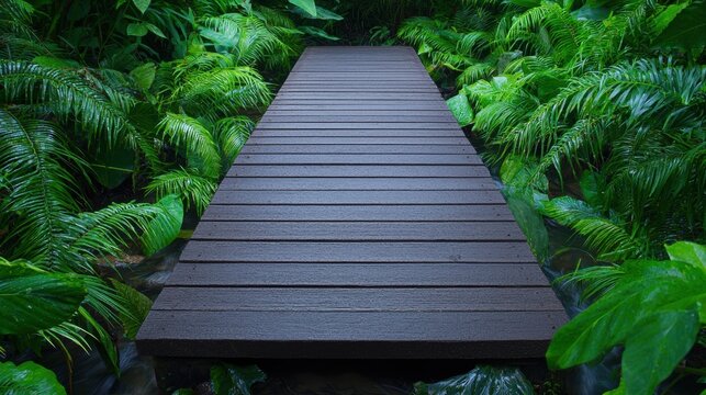 jungle rainforest Pathways Trail Wooden bridge crossing a stream in a rainforest, surrounded by lush greenery