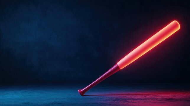 Neon Sports Baseball Diamond Glowing neon red baseball bat against a dark background, dramatic lighting, ideal for a baseball poster or advertisement