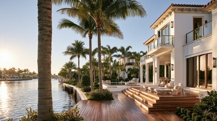 Fototapeta premium Sunny Palm Beach-inspired coastal residence featuring white stucco exterior, palm trees, and water-side deck