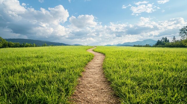 meadow Pathway Trail Footpath through a meadow leading towards a distant horizon, sense of journey and discovery, evocative and inspiring landscape