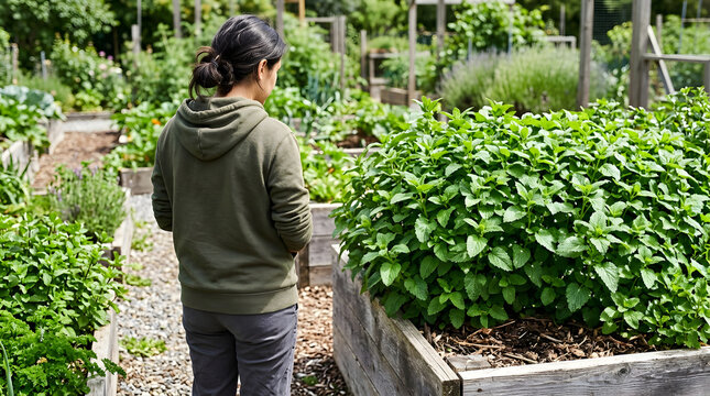 Woman standing in a garden looking at a raised bed full of lush lemon balm plants. Growing organic melissa herbs