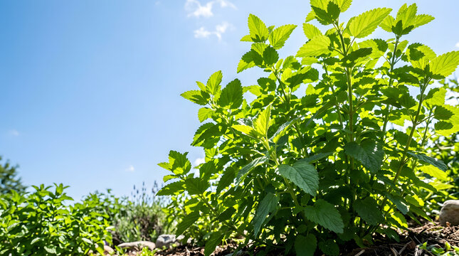 Low angle view of fresh organic lemon balm plants growing in a garden against a blue sky. Melissa herb cultivation