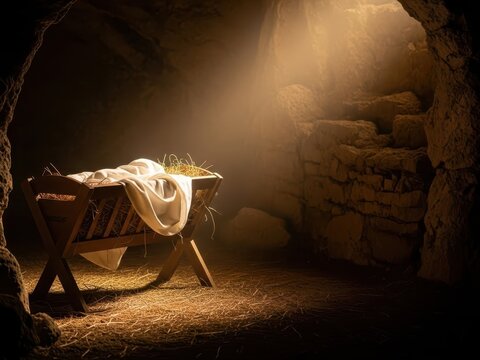 A manger with hay and a white cloth in a stone cave with a beam of light shining down on it from above