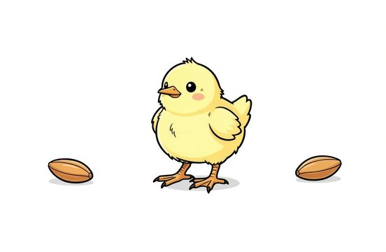 Yellow chick standing between two eggs on a white background  