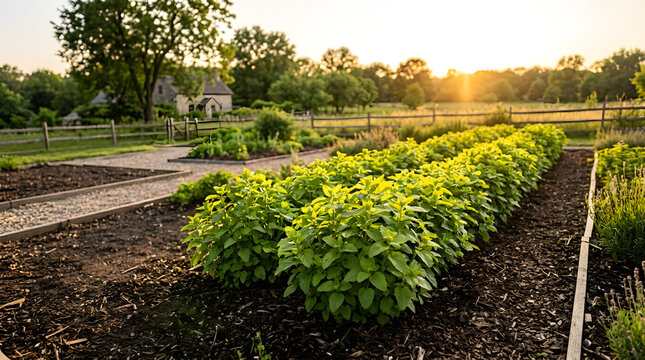 Lush green lemon balm plants growing in a garden bed. Organic melissa herbs in dark soil during golden hour. Rural landscape with stone house