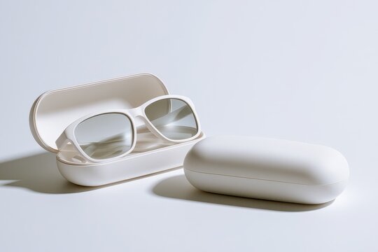 Open and closed white sunglasses case with glasses, high-key product mockup for branding