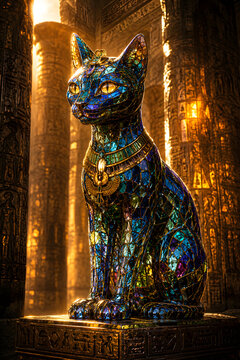 Egyptian Bastet Statue Formed From Shimmering Stained Glass