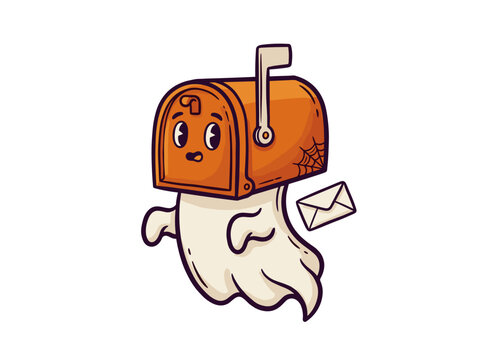 Cute Ghost Character with Orange Mailbox Head and Envelope Illustration