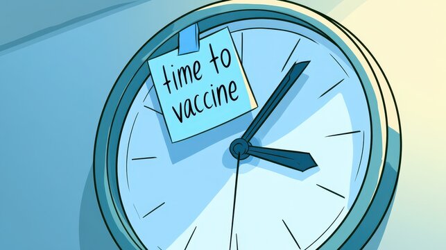 Bright digital art of a wall clock and vaccine reminder to get a flu shot