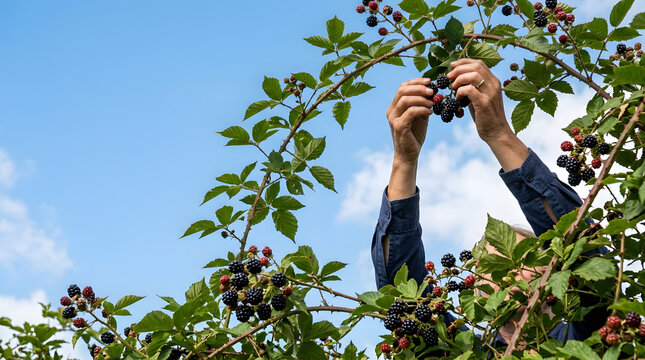 Low angle view of hands reaching to pick ripe blackberries from a thorny bush against a blue sky. Harvesting fresh organic fruit on a sunny summer day