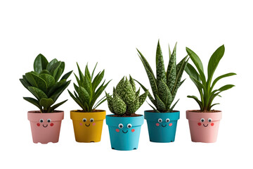 Fototapeta premium Row of cute potted succulent plants in colorful pots