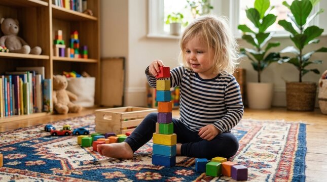 Young child stacking colorful wooden blocks on a patterned rug in a bright playroom