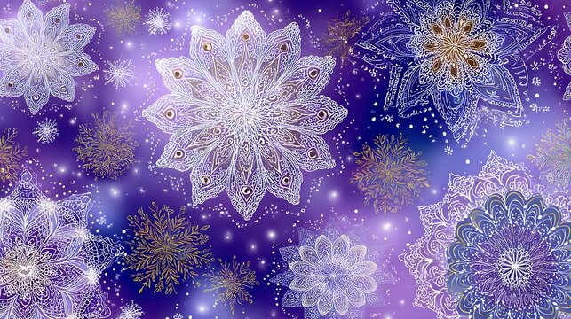White cosmos flowers with yellow centers and green stems on purple glitter background