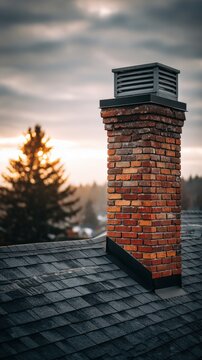 A detailed red brick chimney stands against a dramatic sunset sky with silhouetted trees. Ideal for architectural and home improvement design.