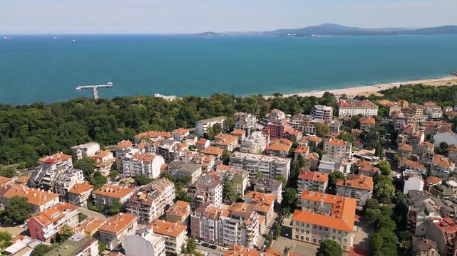 Aerial View of Burgas Coastal City, Sea Garden, Pier, and Black Sea, Bulgaria