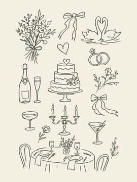 Wedding Celebration Hand Drawn Vector Set Illustration