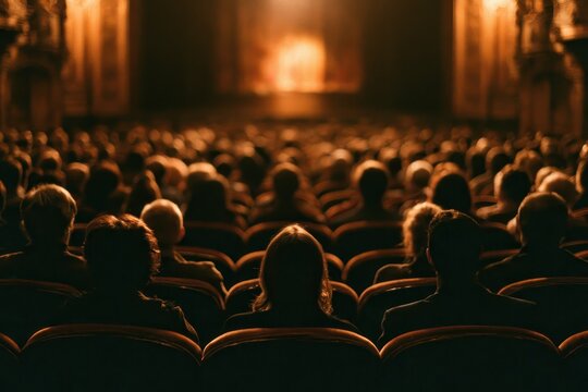 Silhouetted Theater Audience Back View Facing the Stage with Curtains and Spotlight