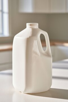 White plastic milk jug with fresh milk on a modern kitchen surface, calm morning scene