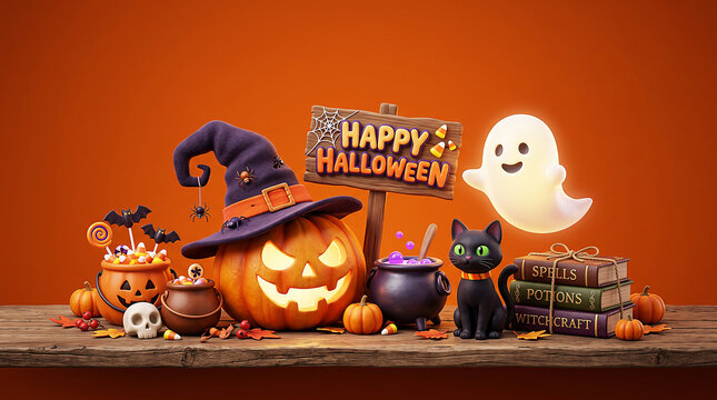 Happy Halloween pumpkin with witch hat, ghosts, black cat, cauldron, and magical books on pumpkin orange background