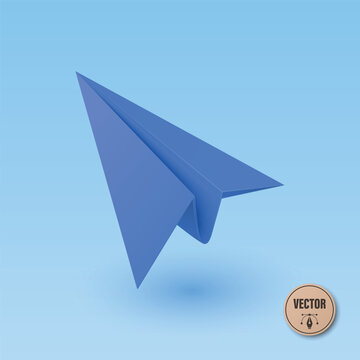 Blue Paper Airplane Flying on Blue Background, Vector Illustration. Origami Paper Plane Icon. Minimal Air Mail, Startup Launch and Message Concept