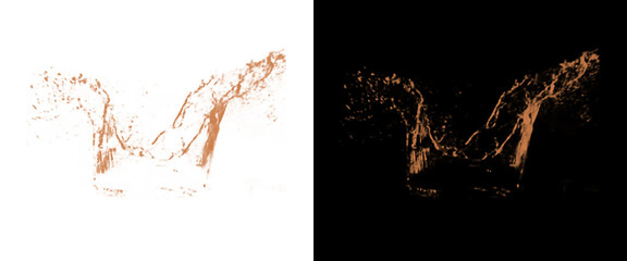 Obraz premium Liquid bronze splash on white and black background, metallic copper water crown splash, shiny gold fluid explosion