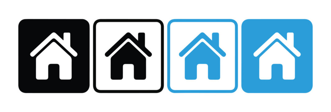 Home web interface button icons set featuring house shapes for digital navigation and design use.