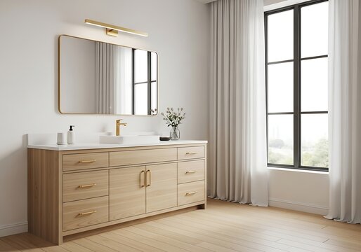 Modern bathroom vanity with wooden cabinet and mirror in a bright room with large window