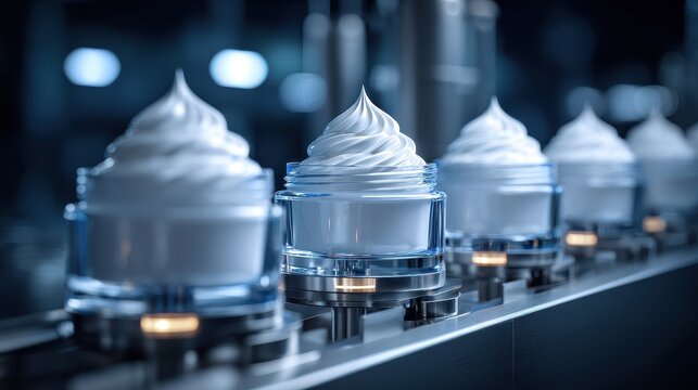 Jars of cosmetic cream moving along a manufacturing assembly line under soft factory lighting. Perfect for beauty industry and production concepts.