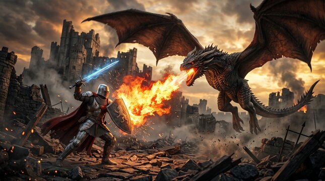 A brave knight in armor fighting a giant fire breathing dragon in front of a ruined castle.