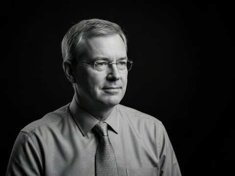 Black and white portrait of a middleaged man with short hair and glasses wearing a collared shirt and tie