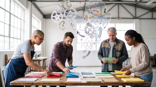 Diverse creative business team working on project planning and brainstorming around table. Concept of business meeting, project management, workflow.