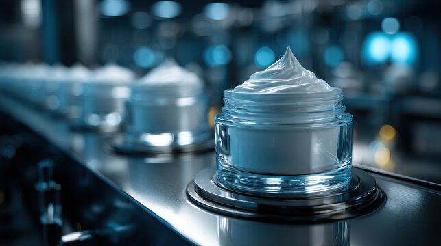 Jars of cosmetic cream moving along a manufacturing conveyor belt in a sterile laboratory. Ideal for skincare production and beauty industry ads.