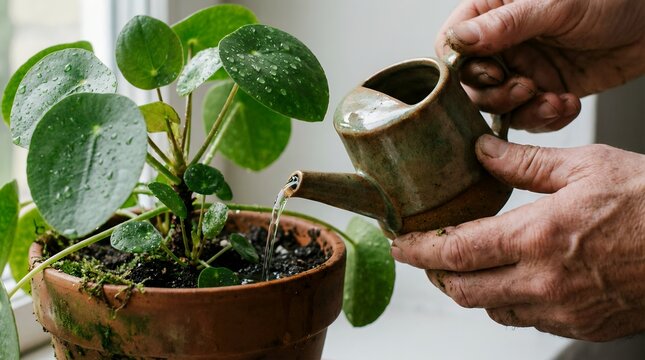 Close-up of hands watering a Pilea peperomioides Chinese money plant with a rustic ceramic pitcher on a windowsill, perfect for indoor gardening and mindful houseplant care concepts