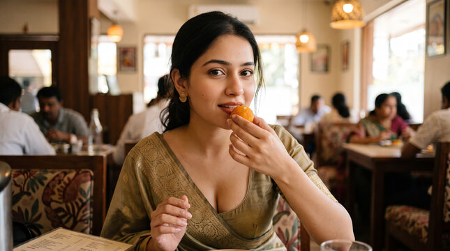 Young Indian woman in an olive green saree eating motichur laddu at a restaurant, enjoying a classic Indian festive sweet during a meal.