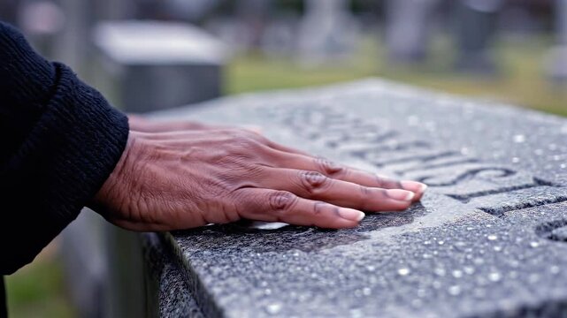 Hand touching gravestone close-up at cemetery during memorial visit, final farewell, family remembrance, personal grief, ancestral tribute, and respectful mourning ritual for funeral service footage