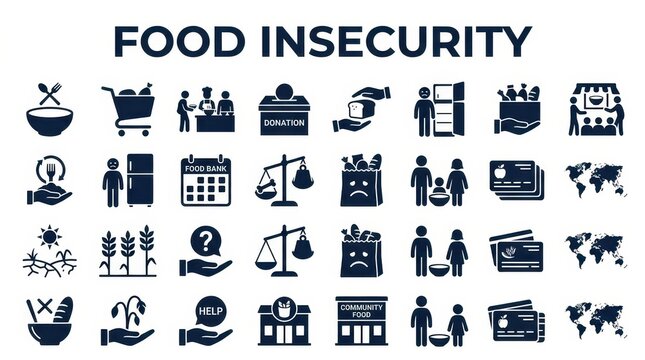 Food Insecurity Icon Set Representing Hunger, Poverty, Donation, Food Banks, and Global Social Issues in Flat Vector Style