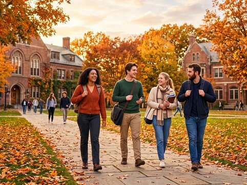 group of happy diverse students walking together across college campus quad in sunny autumn day