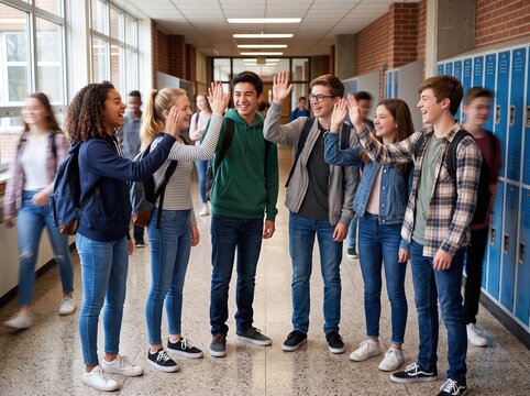 group of happy diverse teenagers giving high five in school hallway near blue lockers