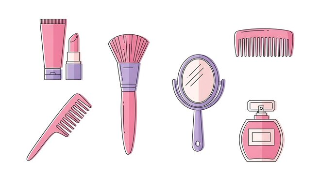 Set of pink beauty and makeup accessories like lipstick brush mirror perfume and hair comb