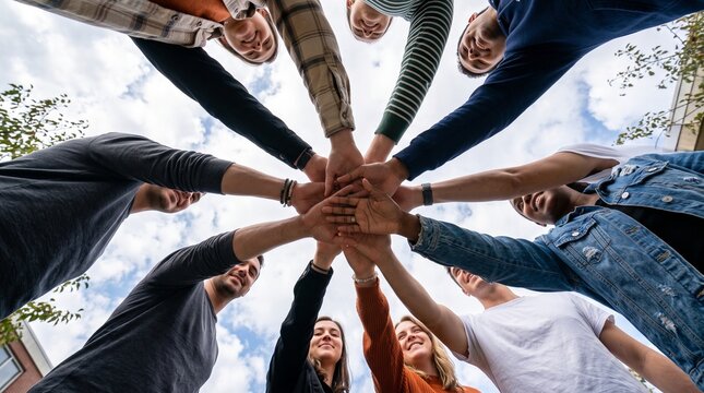 Overhead view of a diverse group of friends stacking hands in a circle outdoors unity