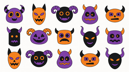 Obraz premium Playful cartoon monster faces with horns in orange and purple on a white background
