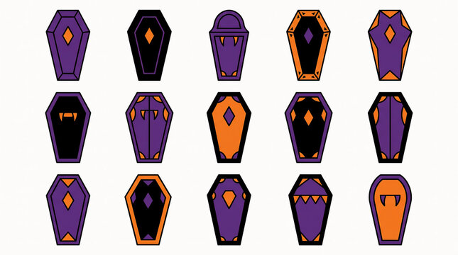 Various Halloween coffins with diamond shapes and fangs arranged in a grid on a white background