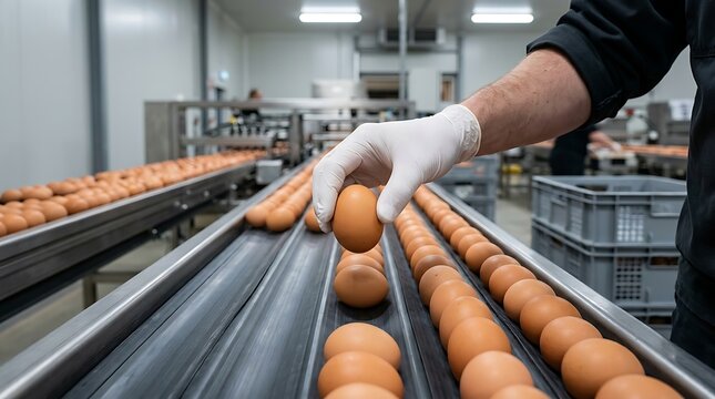 Worker in industrial food processing plant wearing protective gloves placing brown eggs on automated conveyor belt system in clean high-tech manufacturing environment for food production