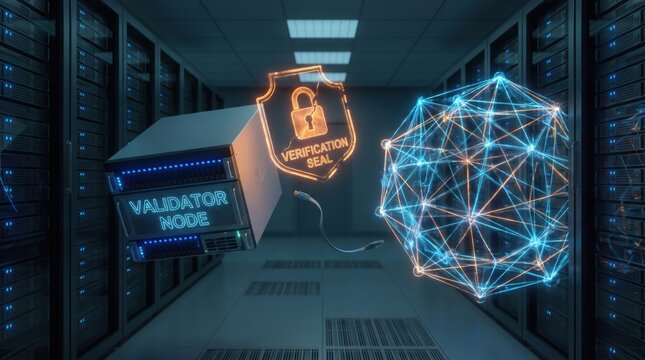 Blockchain validator node with glowing verification seal and network mesh connected in server room. Concept of cyber security. Copy space.