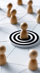 Obraz premium Wooden game piece positioned at the center of a bullseye target surrounded by connected pieces representing focus and strategic networking concepts