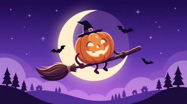 Cute cartoon pumpkin character flying on a broomstick