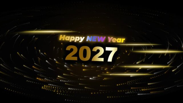 Happy New Year 2027 gold text animation. Golden particles swirling around bold yellow 2027 lettering. Elegant motion graphics background for holiday celebration and countdown