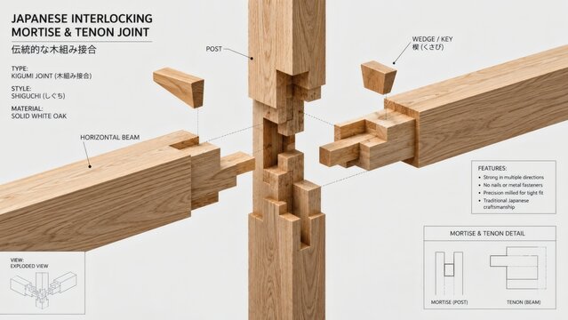Exploded 3D Technical Diagram of Japanese Woodworking Mortise and Tenon Joint