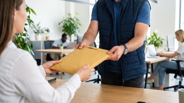 Courier delivering padded envelope to woman in modern office